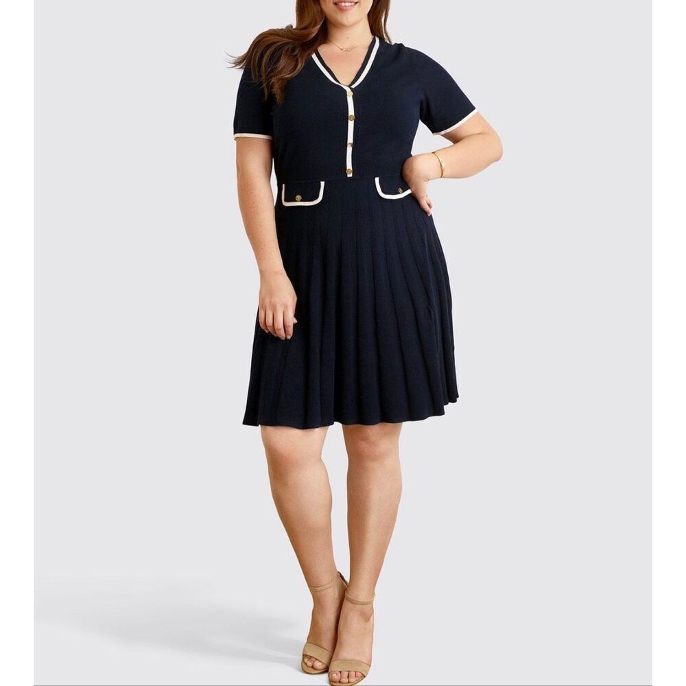 Draper James Navy White Short Sleeve V-Neck Pleated Sweater Dress Size XL